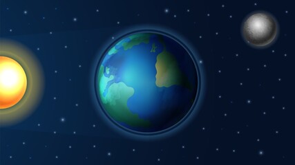 Day night cycle. Sunlight on Earth planet, realistic sun and moon. Astronomy background, ray in space or solar system abstract vector banner. Illustration astronomy system, equinox and rotation world