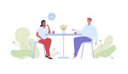 People relationship and dating concept. Vector flat style illustration. Couple of man and woman sitting by table friend or lover on date in cafe with coffee and tea drink. Talk bubble symbol.