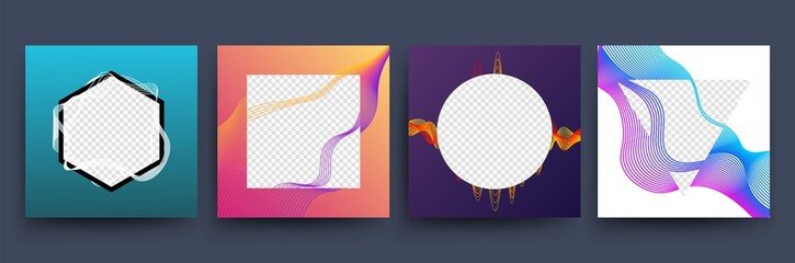 Social media square template. Post banner, web application posters. Bright music or sound waves, flyers with empty transparent place vector set. Illustration social mobile post with frame geometric