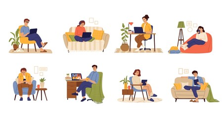 Remote work characters. Home office, business people job with computer. Flat freelance worker in chair with cat and laptop swanky vector set. Illustration freelance people work at home