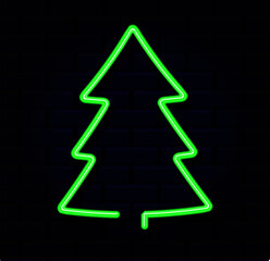 Neon green Christmas tree on a wall background. Symbol of Happy New Year, Merry Christmas holiday celebration. Bright shiny design vector illustration.