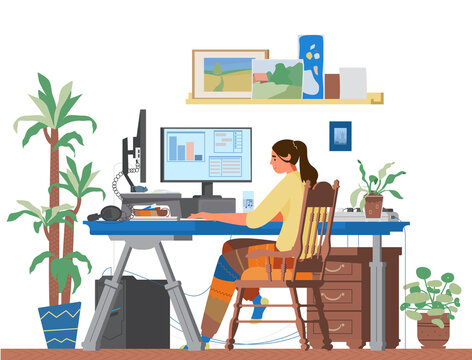 Woman Freelancer Working At Home On Computer. Cozy Creative Workplace Homeoffice With Plants And Paintings. Flat Vector Illustration.Печать