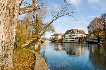 Naklejka premium Rheinfelden, Rhein, Inseli, Burgstell, Insel, Schifflände, Rheinufer, Stadt, Altstadt, alte Rheinbrücke, Uferweg, Rheinweg, Rheinschifffahrt, Herbst, Aargau, Schweiz 