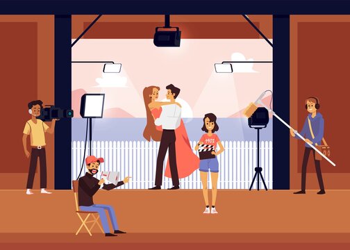 Cinema crew shooting a romantic scene film in studio a flat vector illustration.