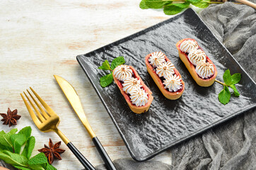 Strawberry shortcake tart with cream. Top view. Rustic style.