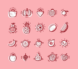 Food set. Doodle Fruits and Berries icons. Vector illustration