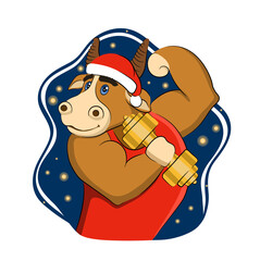 Cartoon smiling athletic bull or ox with dumbbell wearing a red jersey and a santa hat on star background. Vector illustration of funny animal. Symbol of 2021. Isolated on white.