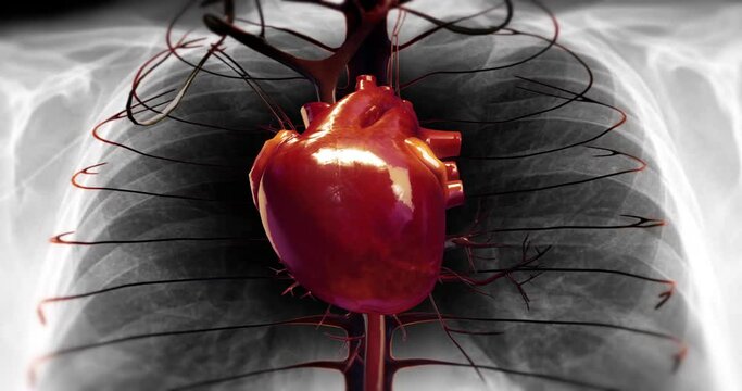 Human Heartbeat Inside Of X-Ray. Heart Pumping Blood. Coronary Circulation. Science And Health Related 3D Animation.