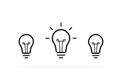 Creative idea. Set of standing light bulbs. Light with rays isolated on white background. Vector illustration