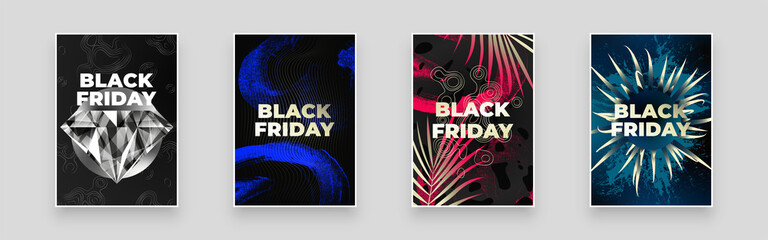 Black Friday. Abstract set Placards, Posters, Flyers, Banner Designs. Neon hand drawn spots, golden lines, Blue gold leaves, dypsis lutescens leaves,  Silver diamond and map texture.