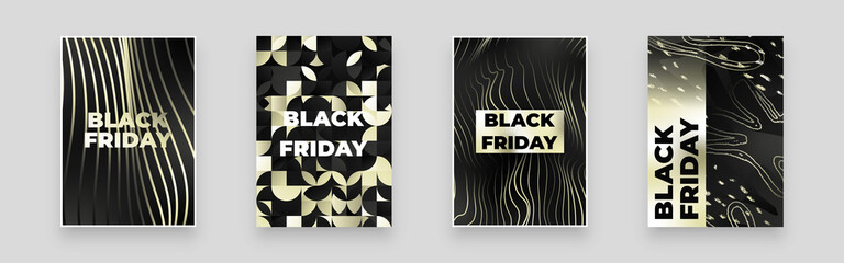 Black Friday. Abstract set Placards, Posters, Flyers, Banner Designs. Golden wavy lines, hand drawn lines and shapes. Gold and black geometric pattern.