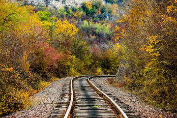 Russian Straight Railway with trees. Landscape with railroad, summer time traveling, freedom of...