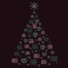 Fototapeta na wymiar Christmas tree made of snowflakes. New Year. Christmas. Set of cards, banners. Year of the white metal bull. Tree, wreath, boxes with gifts, snowflakes. Isolated vector objects. Winter holidays.