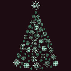 Christmas tree made of snowflakes. New Year. Christmas. Set of cards, banners. Year of the white metal bull. Tree, wreath, boxes with gifts, snowflakes. Isolated vector objects. Winter holidays.