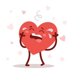 Vector red cute sad crying heart character on white background. Romantic flat style Valentine's Day illustration