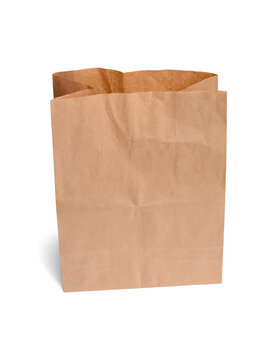 Open craft paper bag for lunch and other products. Isolated on a white background with shadow