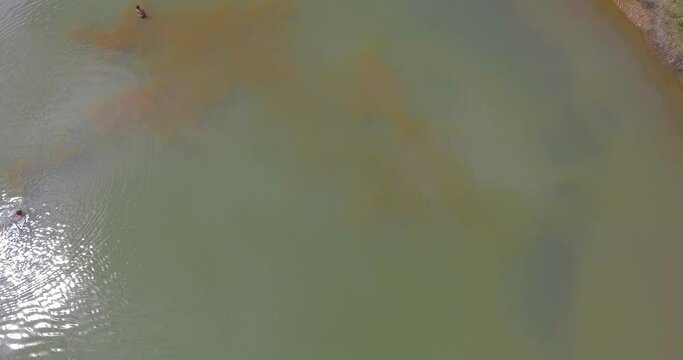 Pristine Green Guarne Lagoon in the Middle of the Woods near Medellin, Colombia on a Cloudy Day shot from in Smooth Travelling form Above