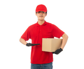 Young Delivery man in red uniform holding paper cardboard box mockup isolated on white background with clipping path.