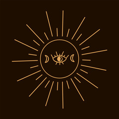 Illustration of the Mystic of the sun. Drawn in the sun vector with elements of mysticism and esotericism. The sun with rays in gold on a black photo, in the middle of the eyes and two Crescent moons