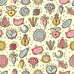 Food background. Doodle Vegetables Seamless pattern. Vector illustration