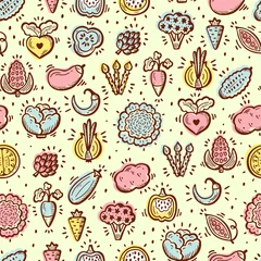 Fototapeten Food background. Doodle Vegetables Seamless pattern. Vector illustration © AllNikArt