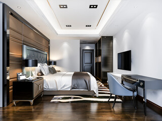 3d rendering luxury bedroom suite in hotel with tv and working table