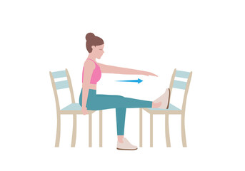 Exercises that can be done at-home using a sturdy chair.
with Standing-Leg Curl posture. Illustration in cartoon style.