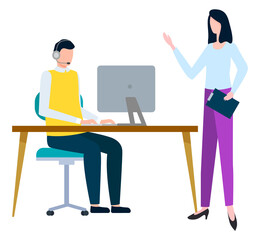 Fototapeta premium Man wearing headset working at desktop computer sitting at desk at office. Female character with clipboard standing near table vector illustration