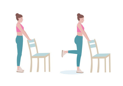 Exercises that can be done at-home using a sturdy chair.
with Standing-Leg Curl posture. Illustration in cartoon style.