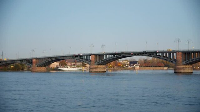 Still shot of the Theodor Heuss Bridge over the river Rhine in Mainz.