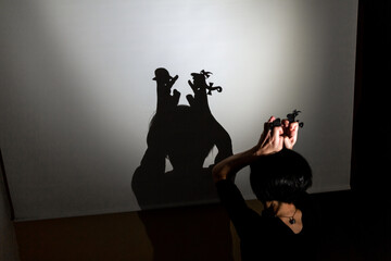 play shadow projected against a white background. two little people