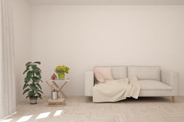 White living room with sofa. Scandinavian interior design. 3D illustration