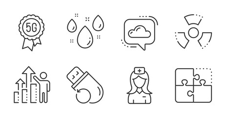 Fototapeta premium 5g technology, Flash memory and Rainy weather line icons set. Employee results, Cloud communication and Chemical hazard signs. Puzzle, Hospital nurse symbols. Quality line icons. Vector