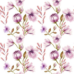 oil pastels, chalk hand-drawn flowers, buds, leaves purple, pink on a white background, for use in design, textiles, wrapping paper, stationery, wallpaper, fashion