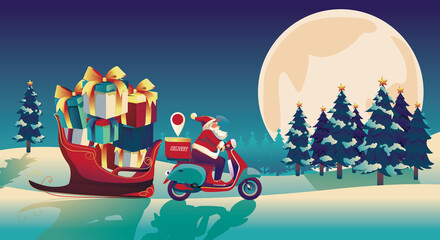 Naklejka premium Christmas and Happy new year characters like Santa Claus, delivery App, scooter, and snowman holding gift with Merry Christmas greeting tree in Blue backgrounds. pine Full Moon, Vector Illustration 