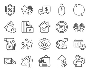 Fototapeta na wymiar Technology icons set. Included icon as Energy growing, Loan percent, Swipe up signs. Stop talking, Payment received, Calendar symbols. Safe time, Safe water, Blocked card. Refresh. Vector