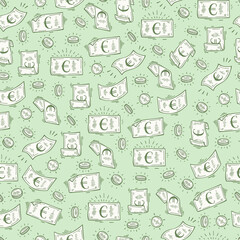Money rain Vector Seamless pattern. Hand Drawn doodle Euro Banknotes and Coins