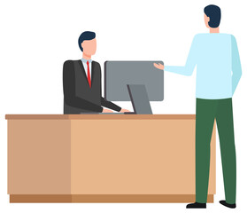 Obraz premium Workers discussing on workplace, man using computer on workplace, people communication. International business, worldwide delivery, export import technology. Vector commercial partnership characters