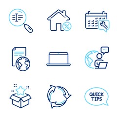 Technology icons set. Included icon as Recycle, Loan house, Search text signs. Laptop, Translation service, Quickstart guide symbols. Spanner, Loyalty program line icons. Line icons set. Vector