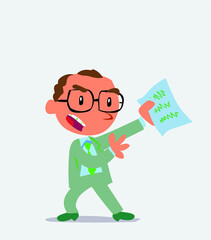 cartoon character of businessman arguing effusively with document in hand