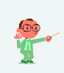  cartoon character of businessman doubts while pointing to the side with a pointer.