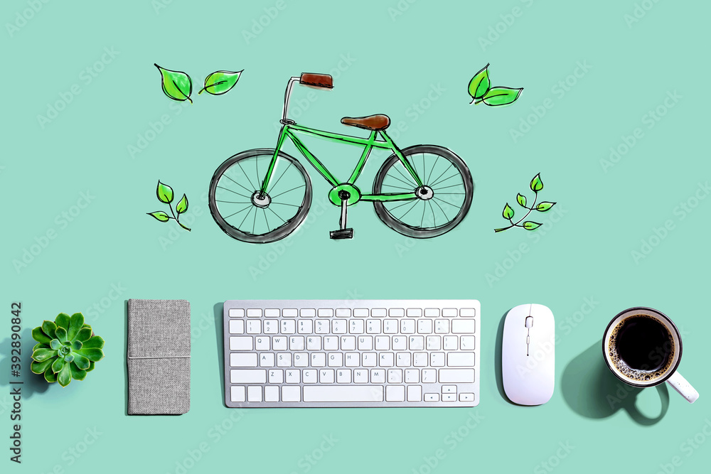 Poster eco bicycle with a computer keyboard and a mouse