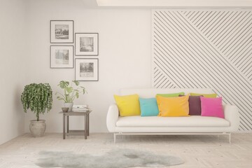 White living room with sofa. Scandinavian interior design. 3D illustration