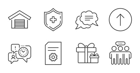 Swipe up, Surprise package and File settings line icons set. Employees group, Time management and Text message signs. Parking garage, Medical shield symbols. Quality line icons. Swipe up badge. Vector