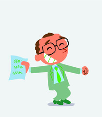 happy cartoon character of businessman rejoices with document in hand