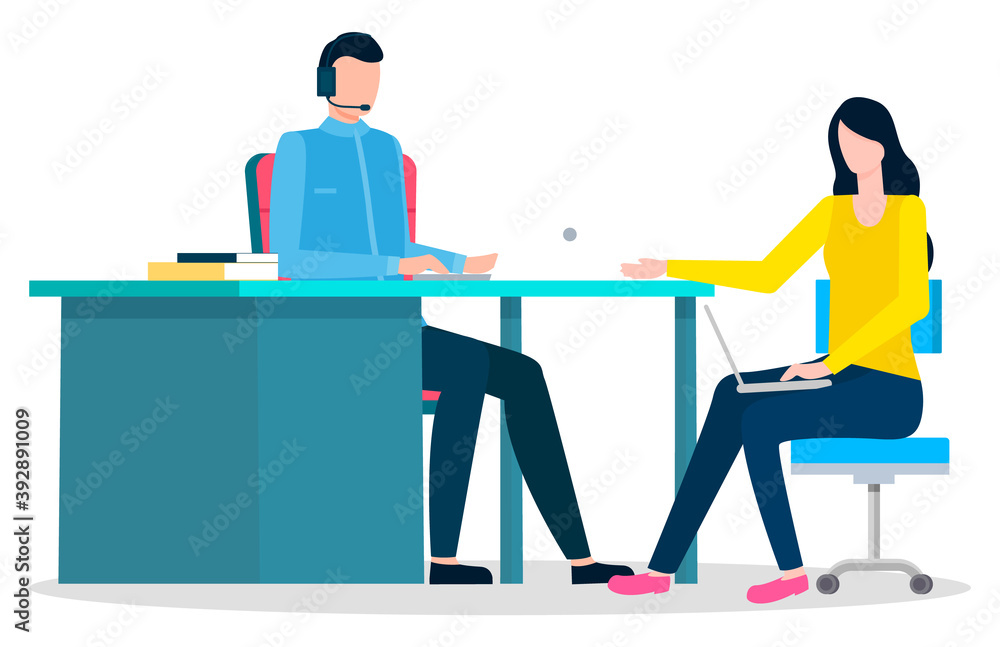 Poster man and woman sit on chair by table in office. office workers use computer and laptop for work. mana