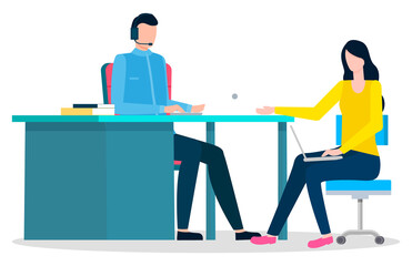 Man and woman sit on chair by table in office. Office workers use computer and laptop for work. Managers working together in team. Modern design of workspace with books. Vector illustration in flat