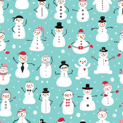 Christmas Seamless Pattern with Cute Snowmen. Crowd of Snowman Winter Holiday Vector Background. Winter Holidays, Christmas, New Year Design