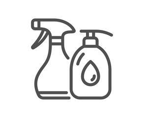 Cleaning liquids line icon. Antiseptic spray sign. Washing symbol. Quality design element. Linear style cleaning liquids icon. Editable stroke. Vector