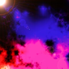 Blue pink sun clouds, design, abstract background with splashes